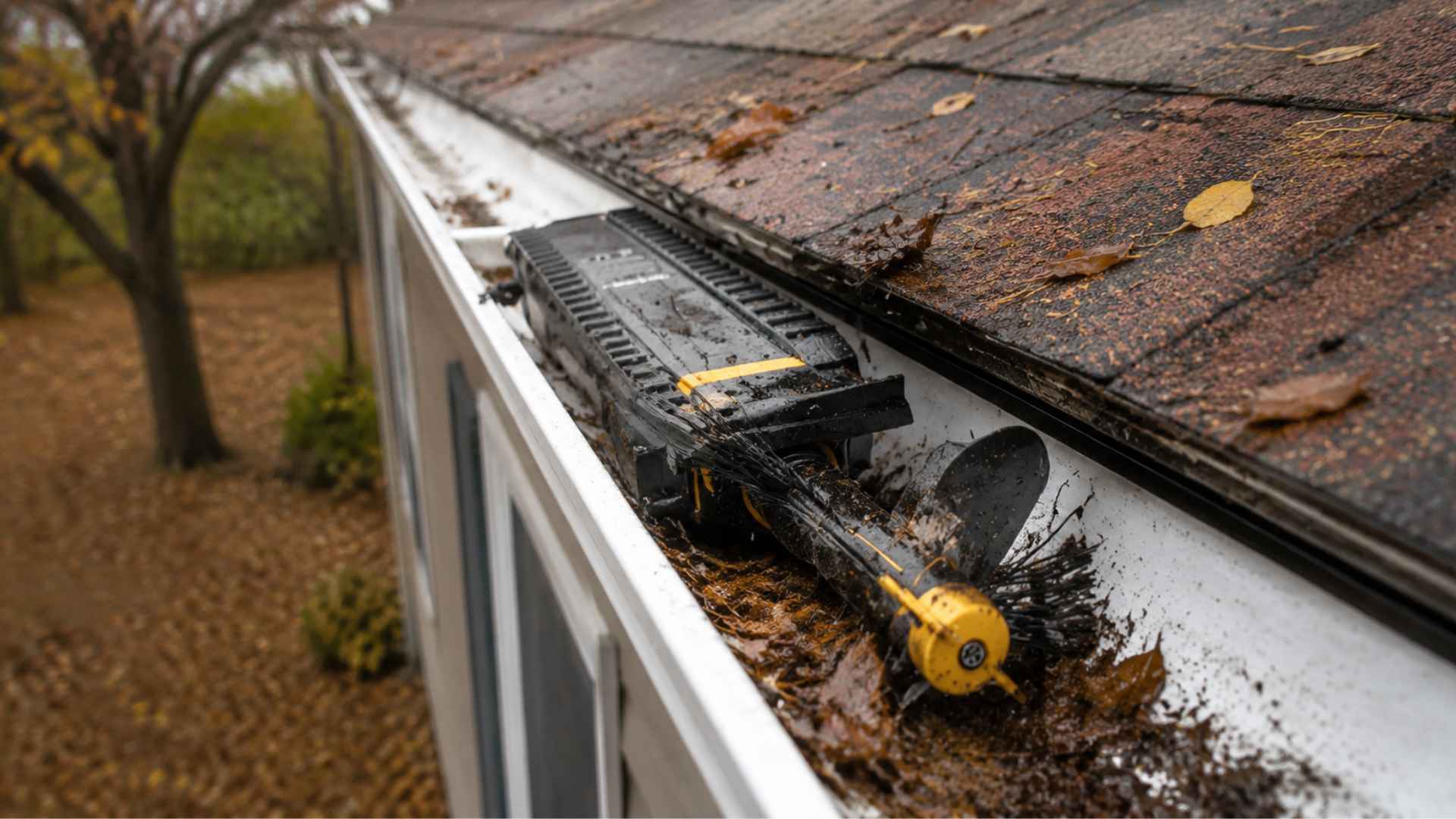 Gutter cleaning robot inside a white gutter pushing wet leaves along brown roof shingles, outdoor daytime.