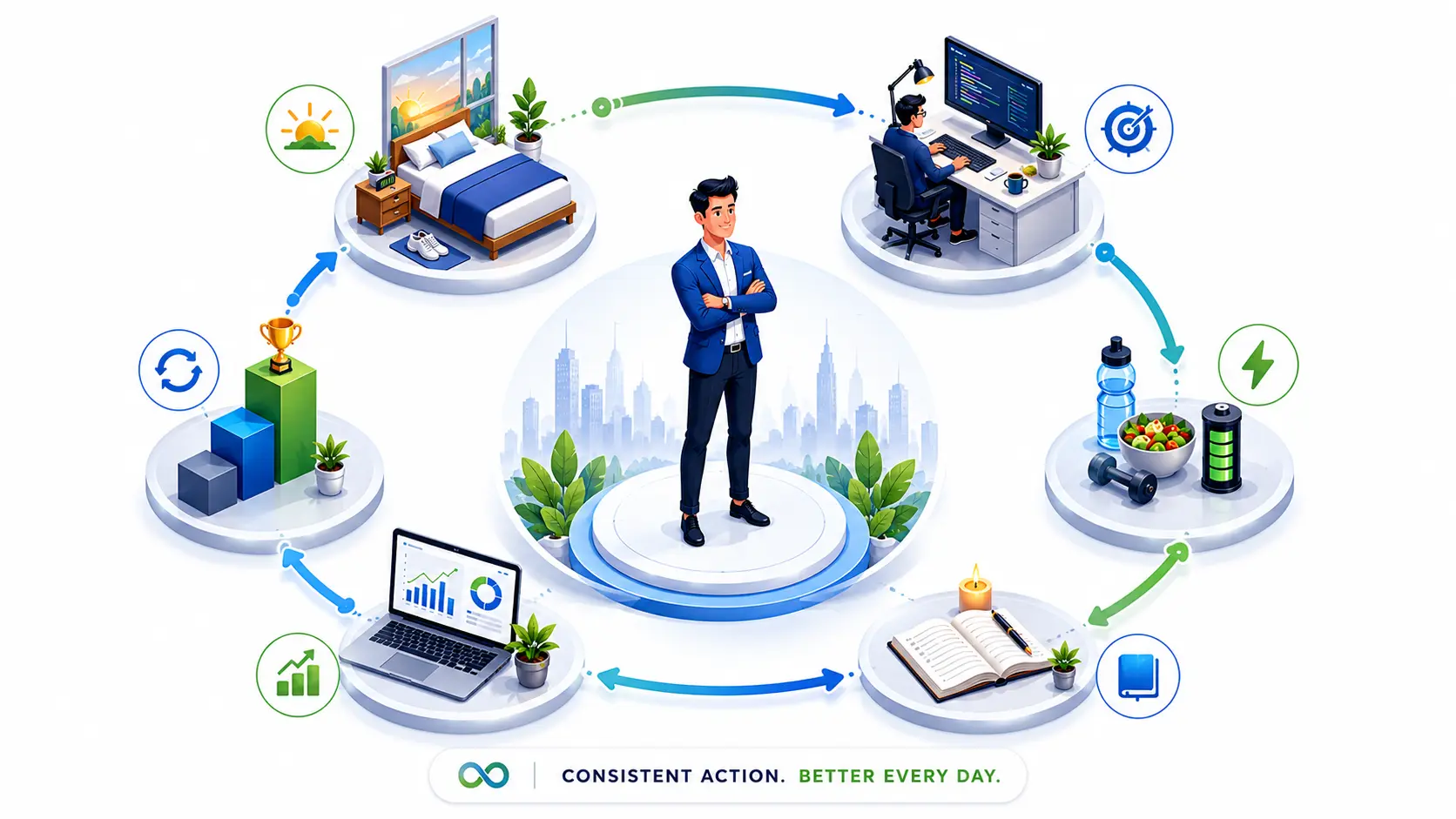 Habit cycle infographic showing focus, consistency, and continuous improvement