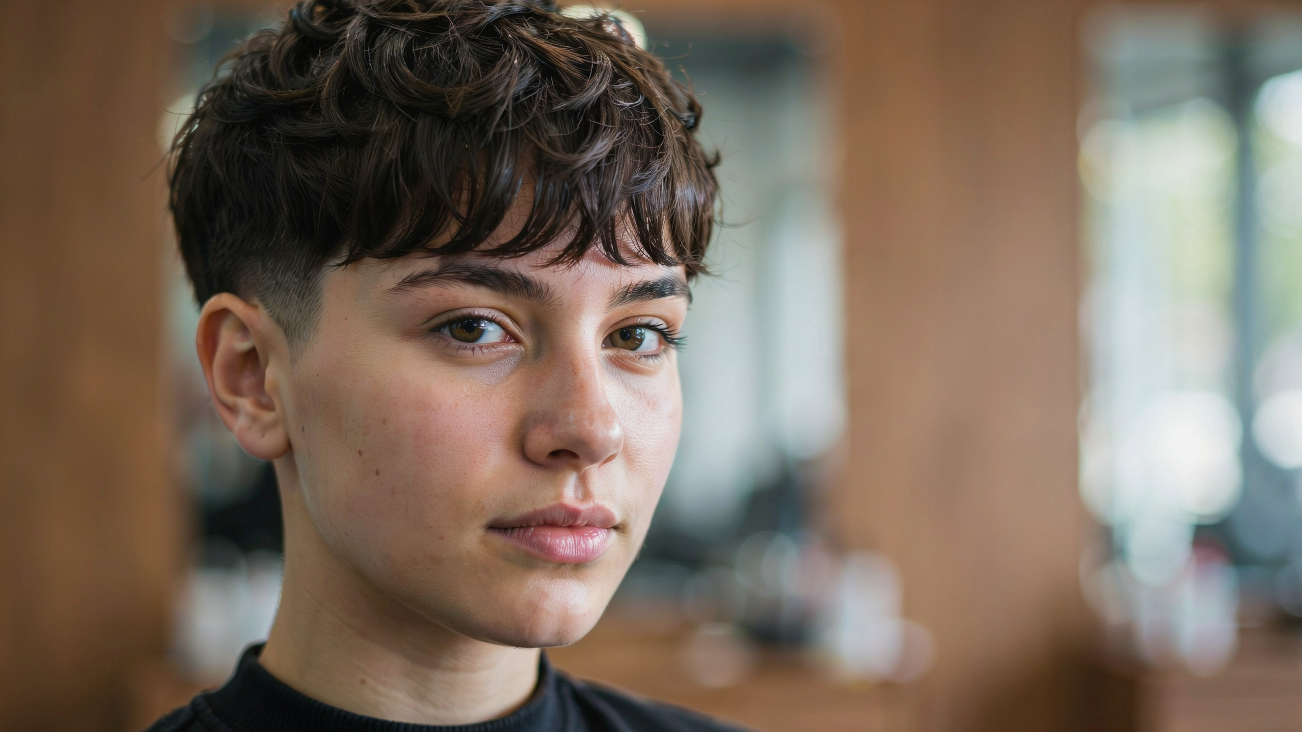 Textured fringe haircut with short choppy layers tousled bangs and tapered sides for a modern low maintenance look.