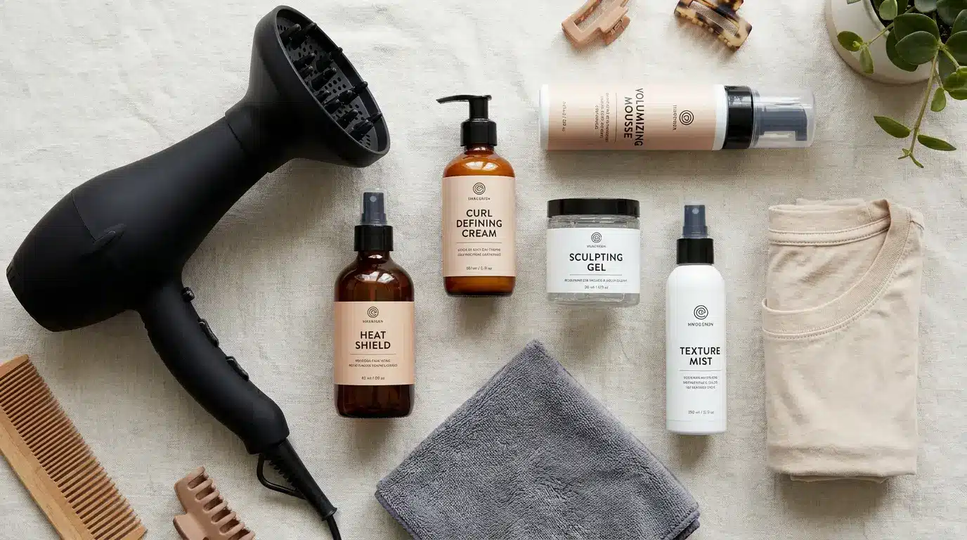 Hair diffuser, styling products, and microfiber towel for curly hair care