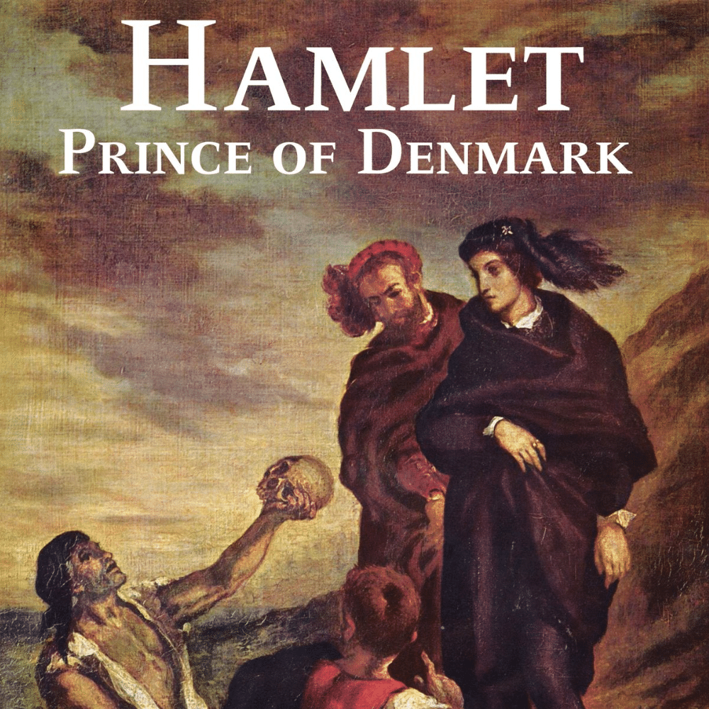 Classic Hamlet illustration showing the prince facing mortality and inner conflict during his tragic character arc