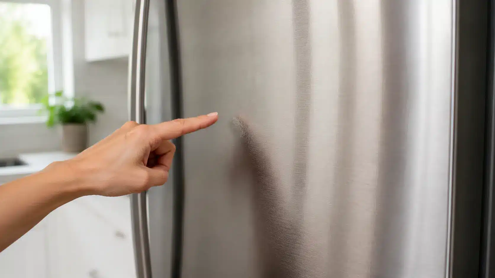 Hand identifying the grain direction on a stainless steel appliance