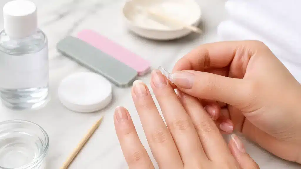 Hands safely removing nail glue from natural nails with nail care tools