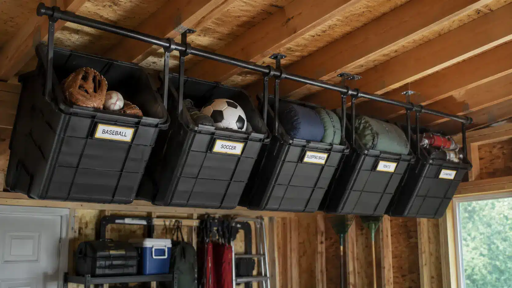 Hanging bins for gear storage