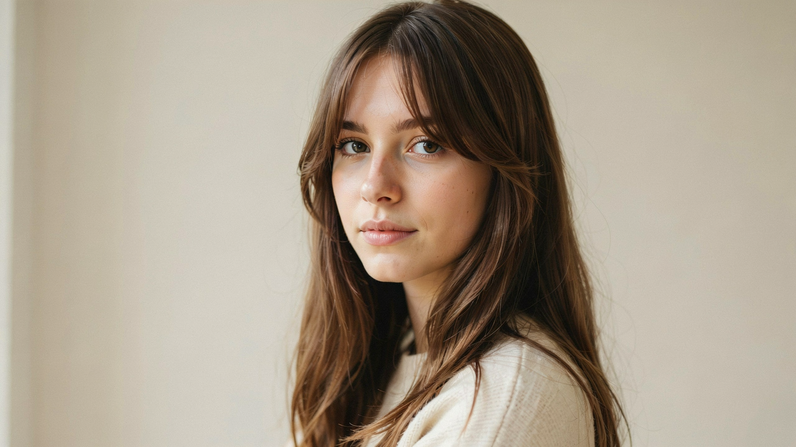 Female with a curtain fringe hairstyle featuring center-parted bangs, long face-framing layers, and soft flowing hair with natural volume.