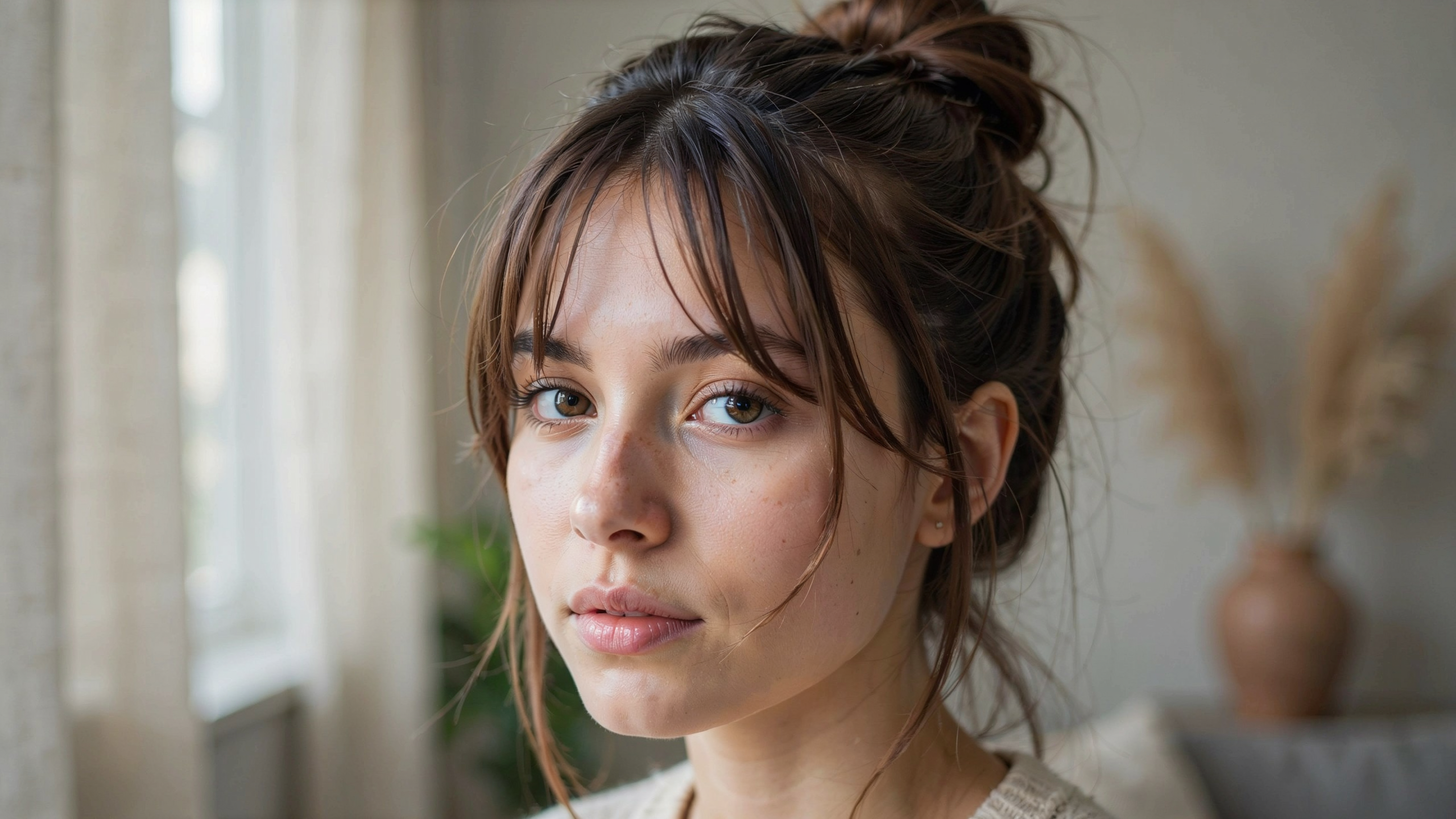 Wispy fringe haircut with fine soft strands swept across the forehead styled with a messy bun