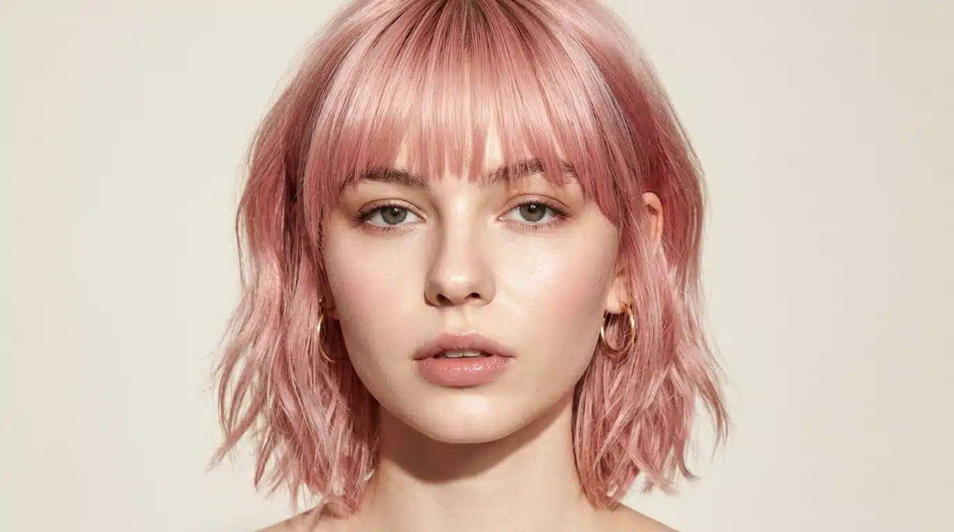 Choppy fringe haircut with uneven textured sections across the forehead paired with a pink shag cut