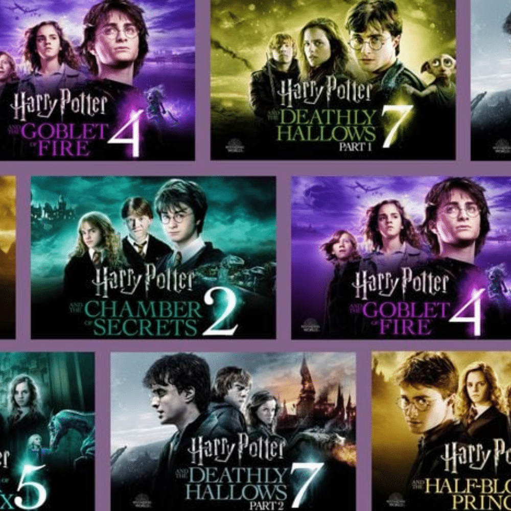 Harry Potter film series posters showing the character's growth from young wizard to courageous hero