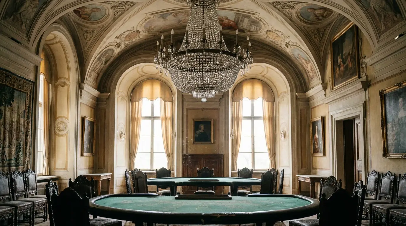 Elegant historical room with green felt tables, ornate chairs, and a large chandelier
