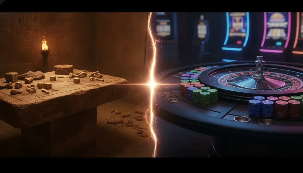 Ancient stone dice on left, modern roulette wheel and chips on right, split by glowing line