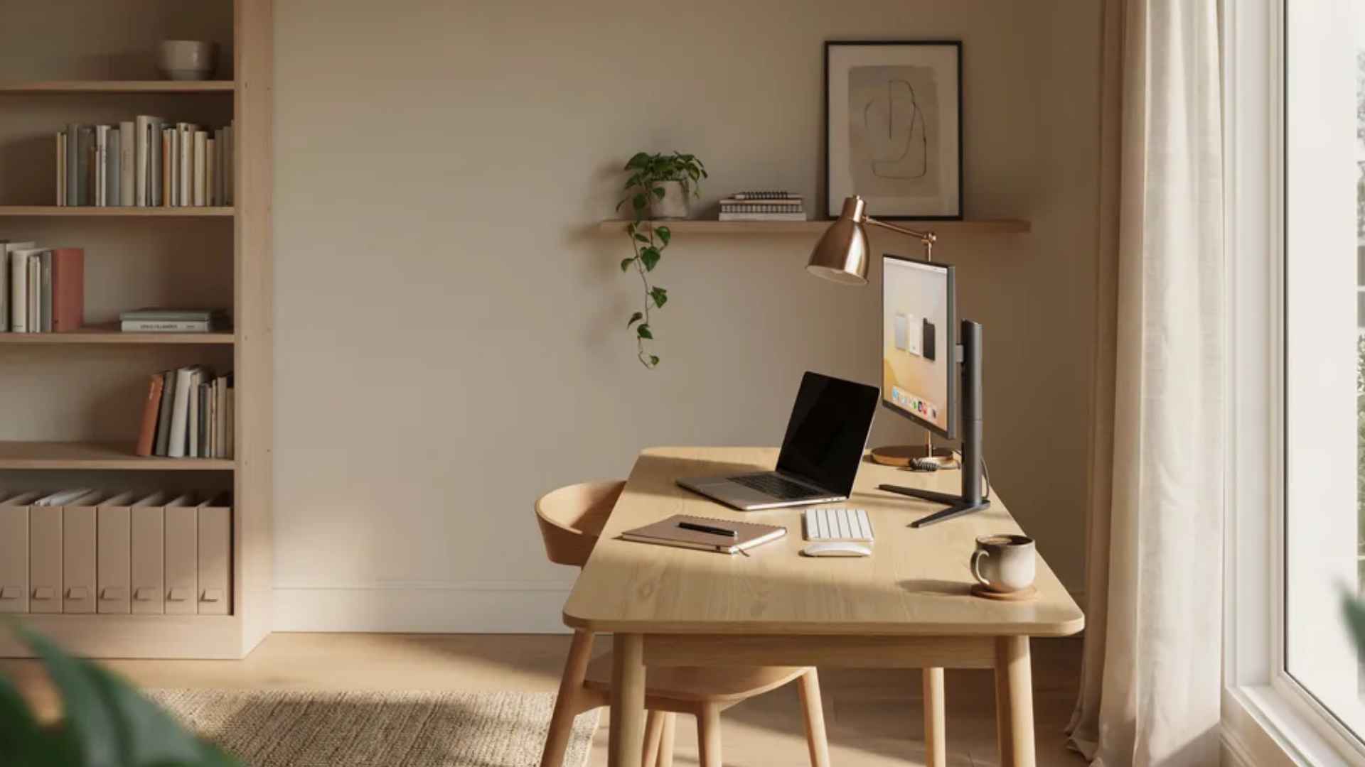 Minimalist home office tidy with organized desk, shelves, files, and digital workspace, bright and focused.
