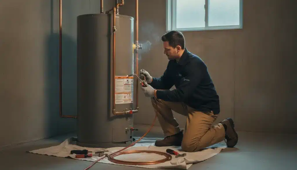 Technician kneeling next to water heater performing maintenance in a dimly lit basement