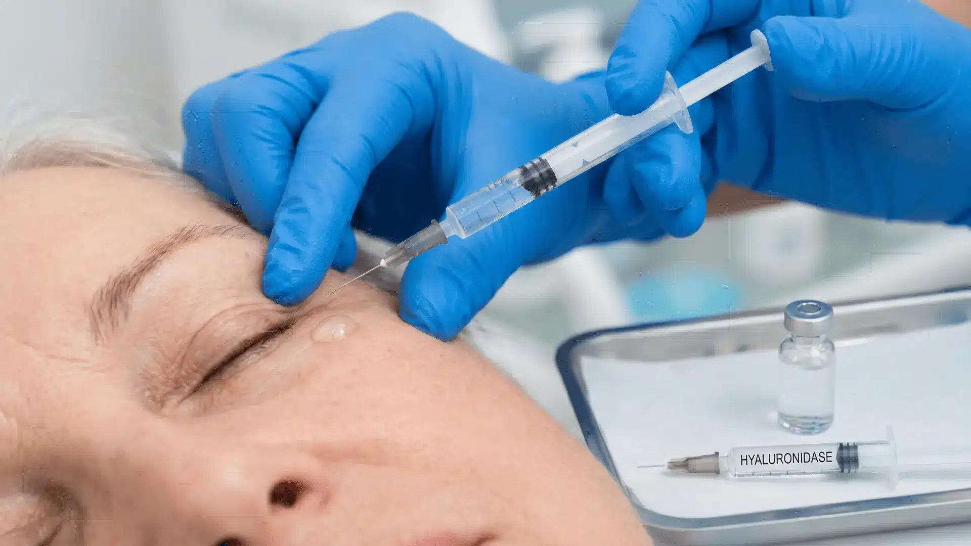 Under-eye filler being injected and dissolved with hyaluronidase in thin skin area