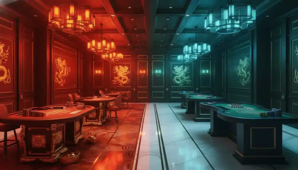 Luxurious casino interior with roulette and blackjack tables under red and blue lighting