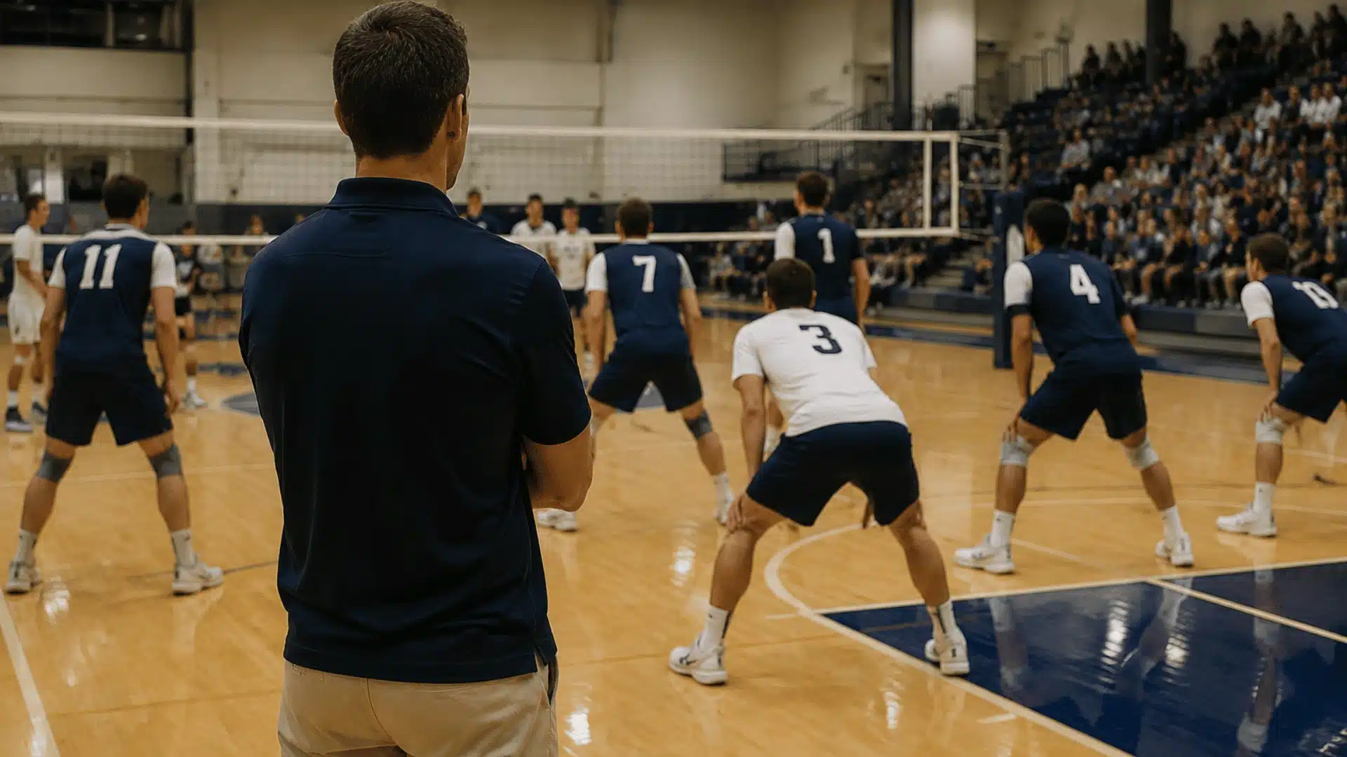 Volleyball coach analyzing player rotations and serve-receive setup during a match.