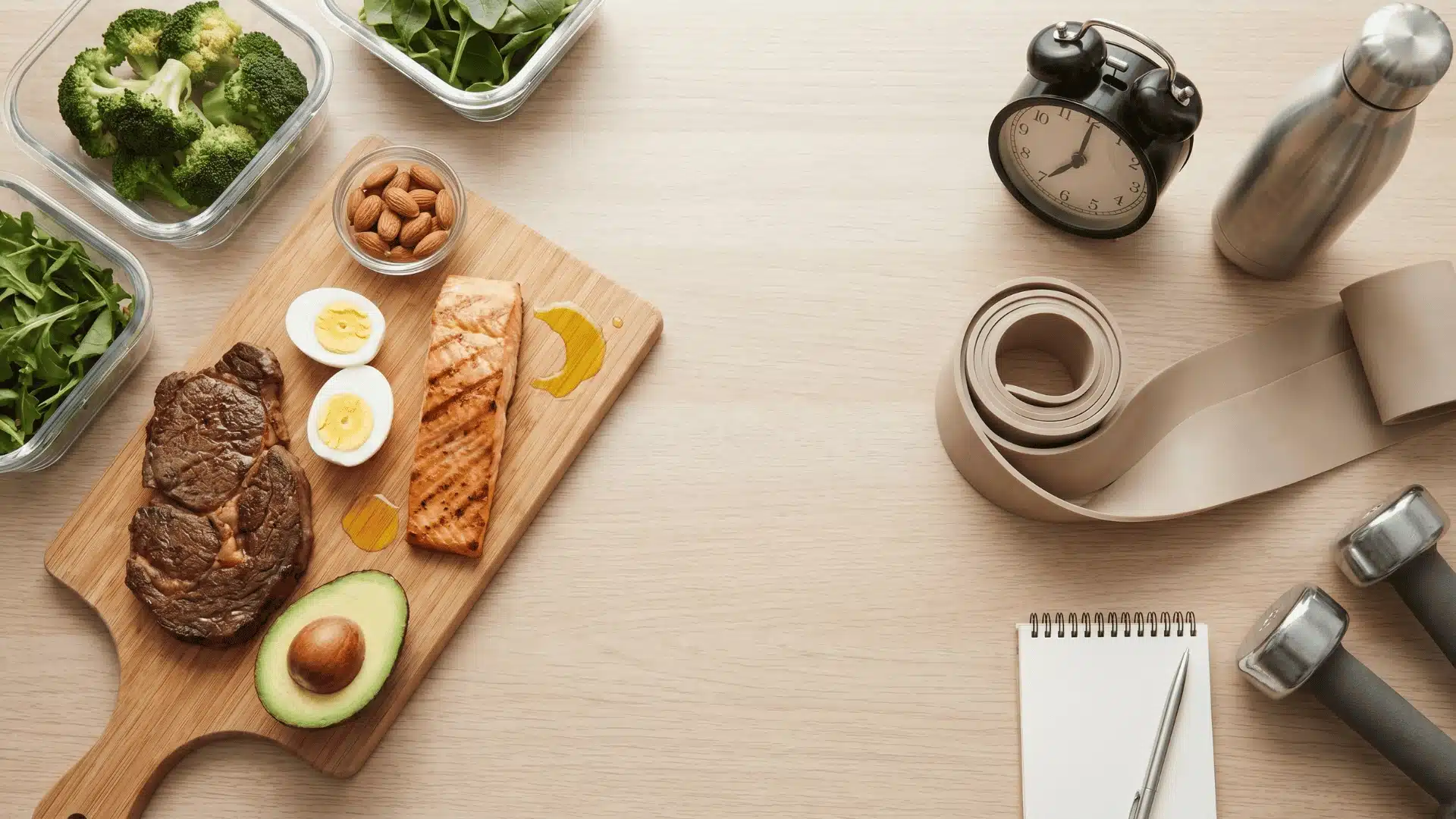 Whole-food keto foods with routine elements like a clock and water bottle showing how low-carb eating and daily structure support weight loss.