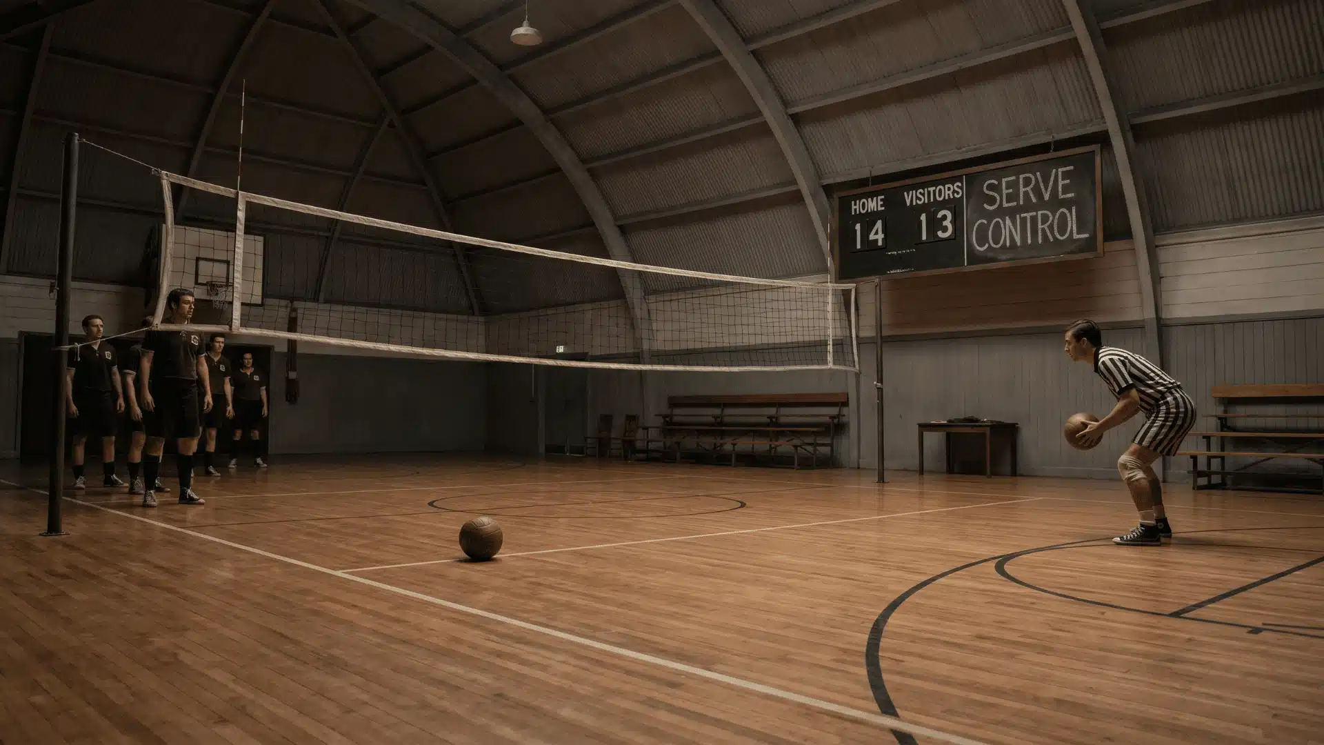 Volleyball rally illustrating serve control and defensive exchange, highlighting how scoring depends on serve possession.