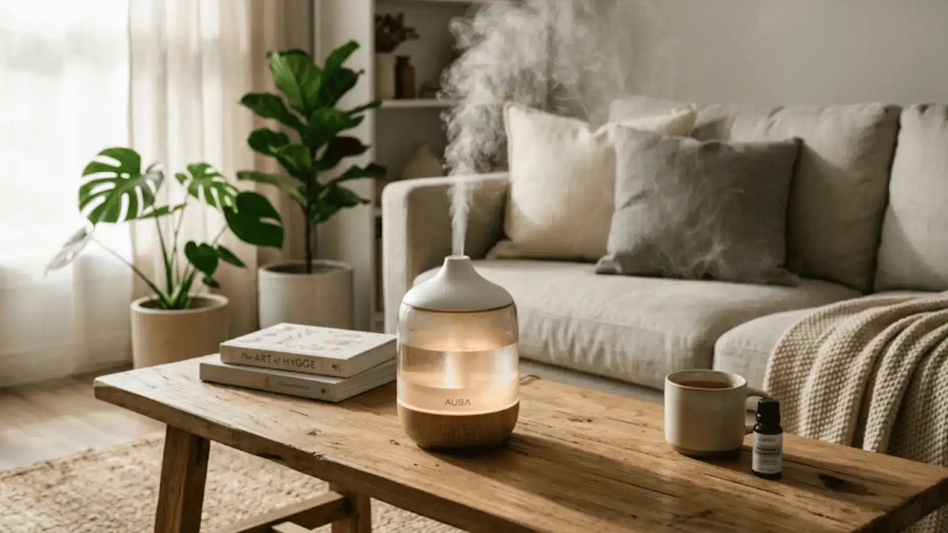 Modern ultrasonic diffuser releasing fine mist of essential oils into a calm living room, showing how aroma spreads through the air.