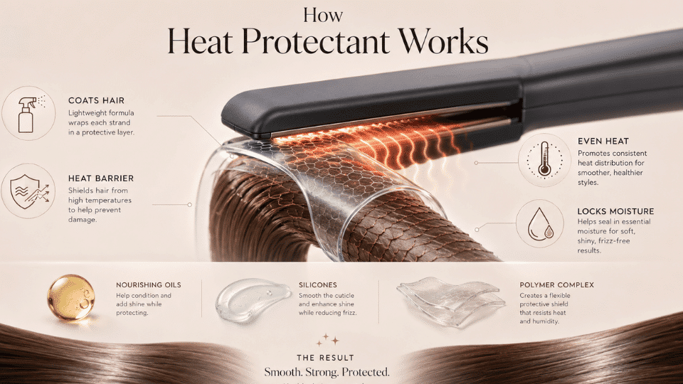 infographic showing how heat protectant coats hair, blocks heat damage, seals moisture, and keeps hair smooth.