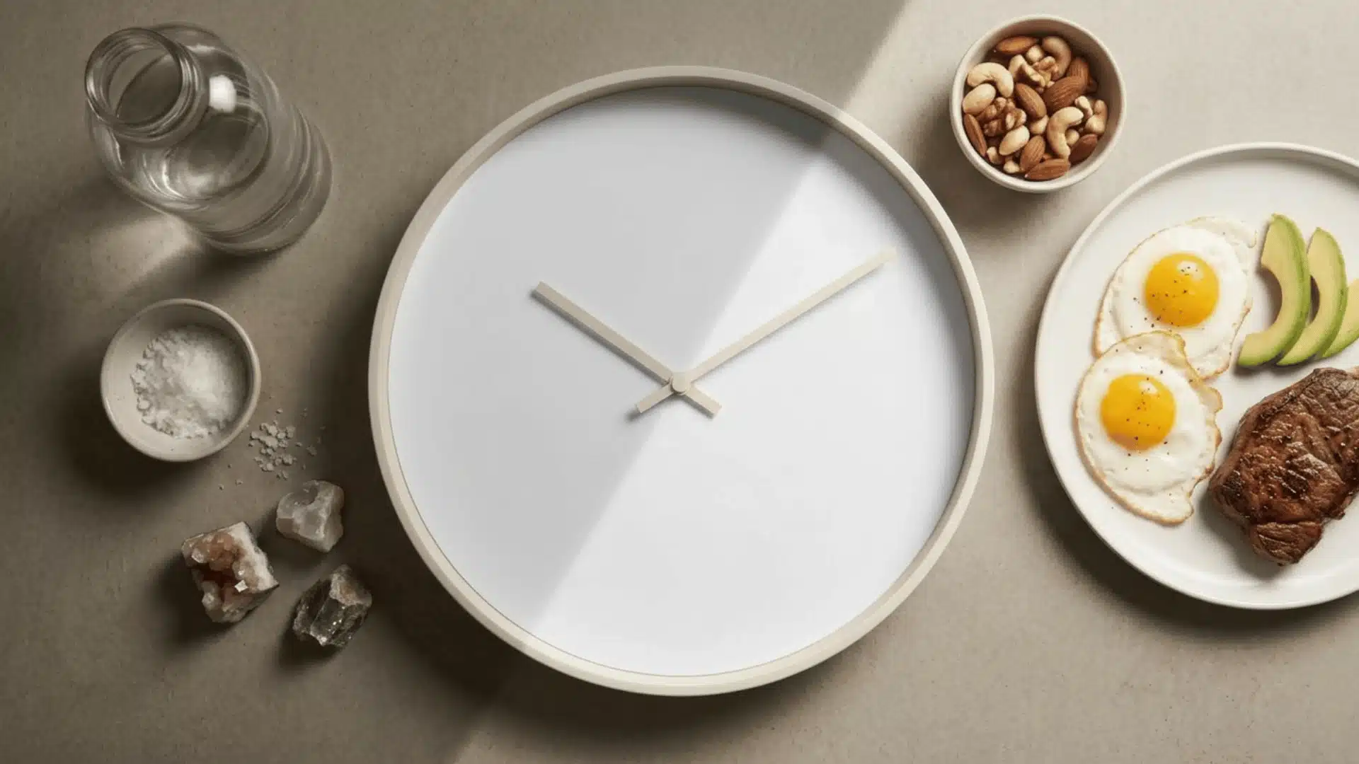 Daily fasting schedule showing morning fasting period, afternoon eating window, and simple keto meals with hydration and electrolytes.
