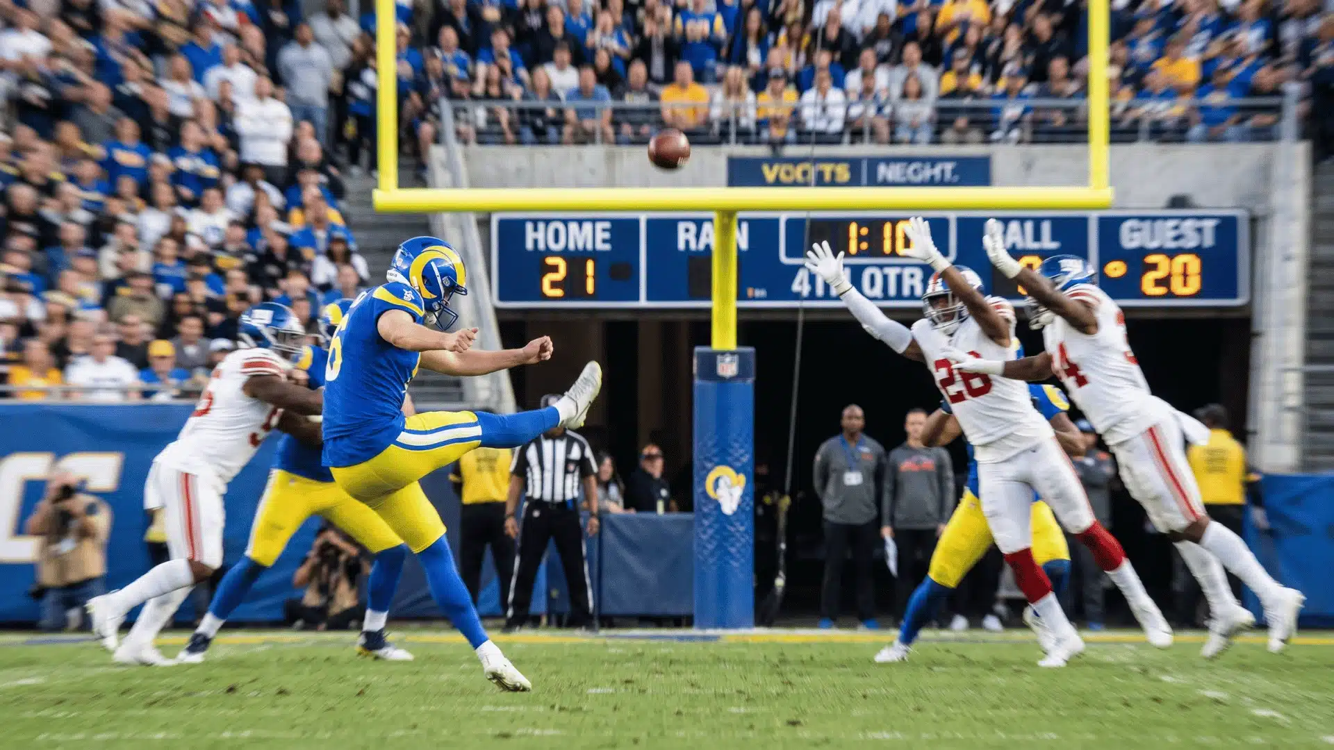 Football mid-air during a PAT kick with defense attempting to block.