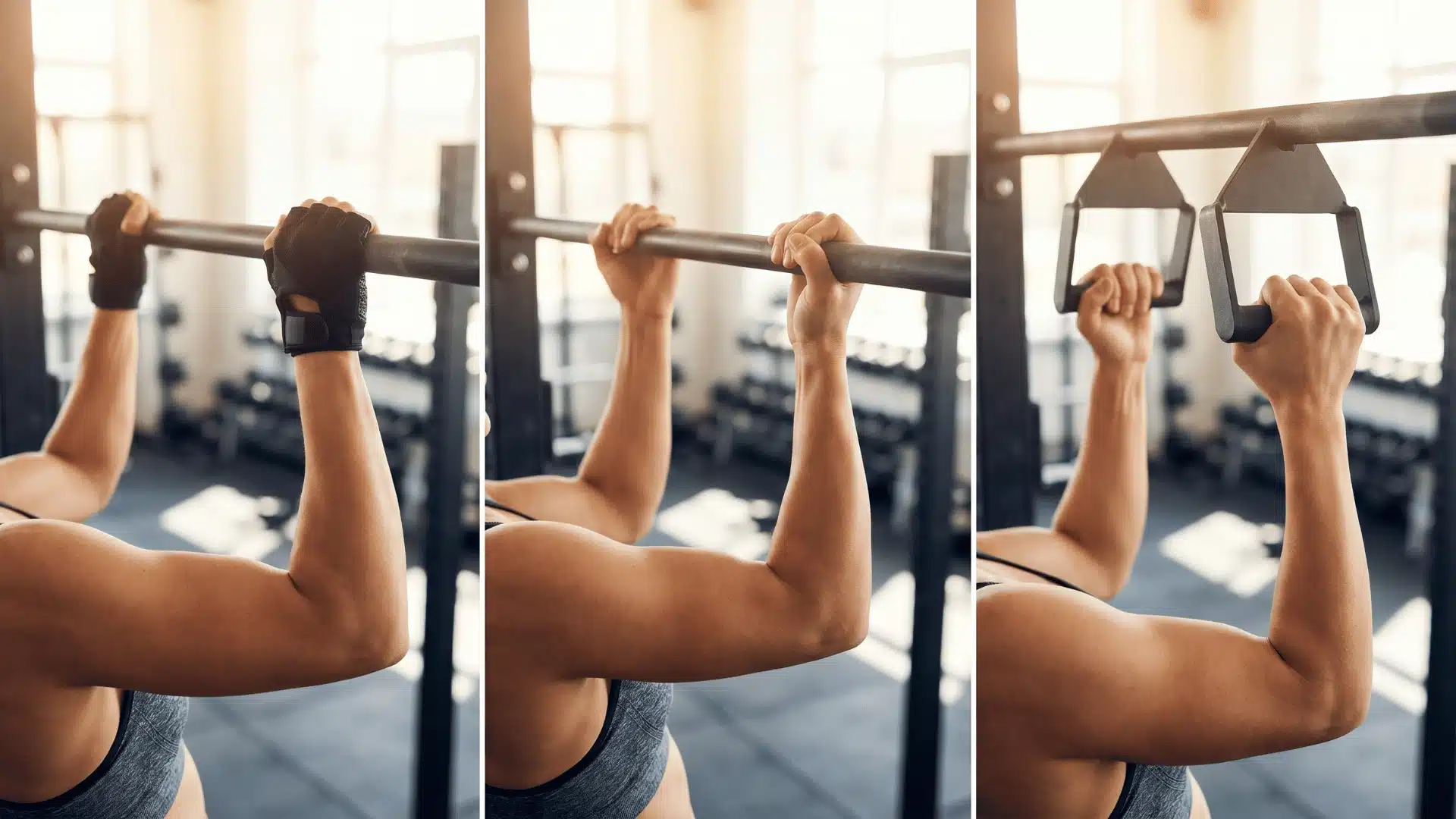 Side-by-side comparison of overhand, underhand, and neutral pull-up grips on a bar, showing different hand positions and arm alignment.