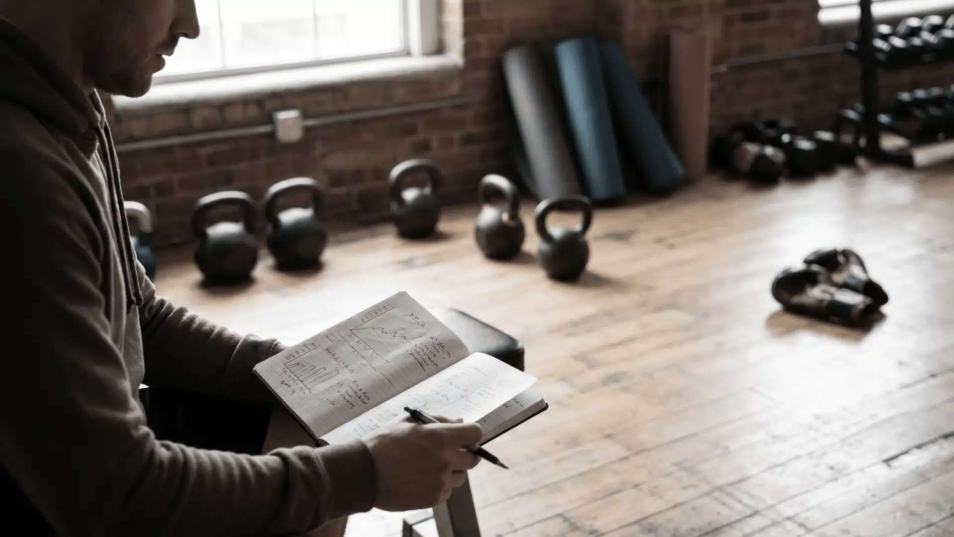 Athlete planning weekly training schedule surrounded by gym equipment.