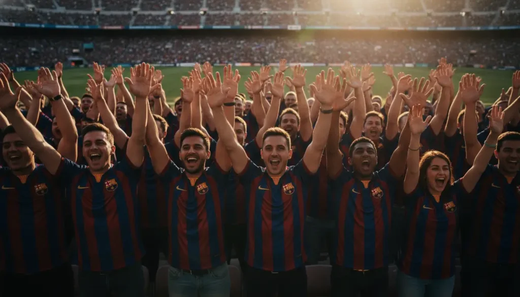 Fans in matching striped jerseys cheering energetically at a crowded outdoor sports stadium