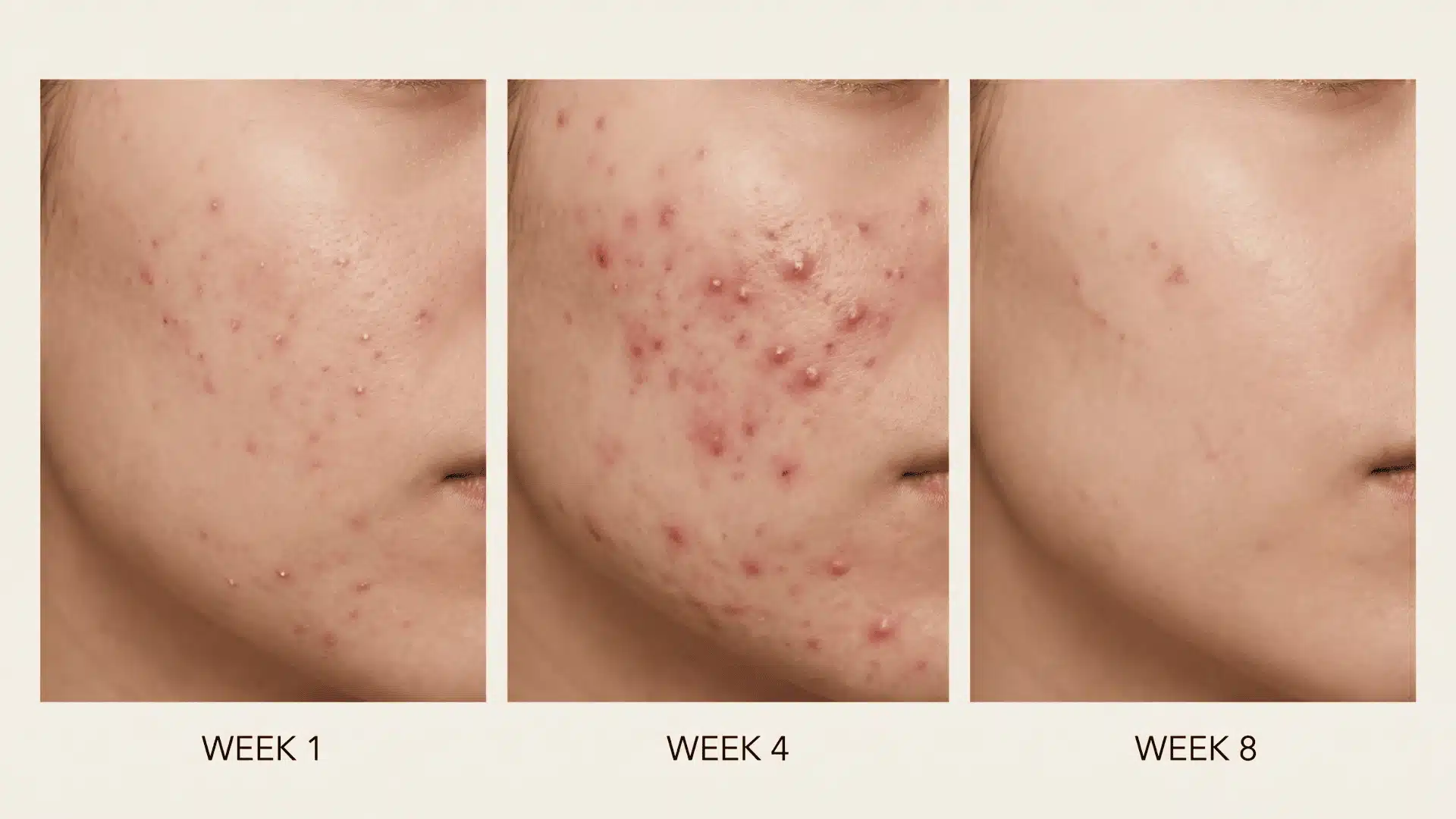 Timeline illustration showing the stages of a tretinoin purge over 12 weeks.