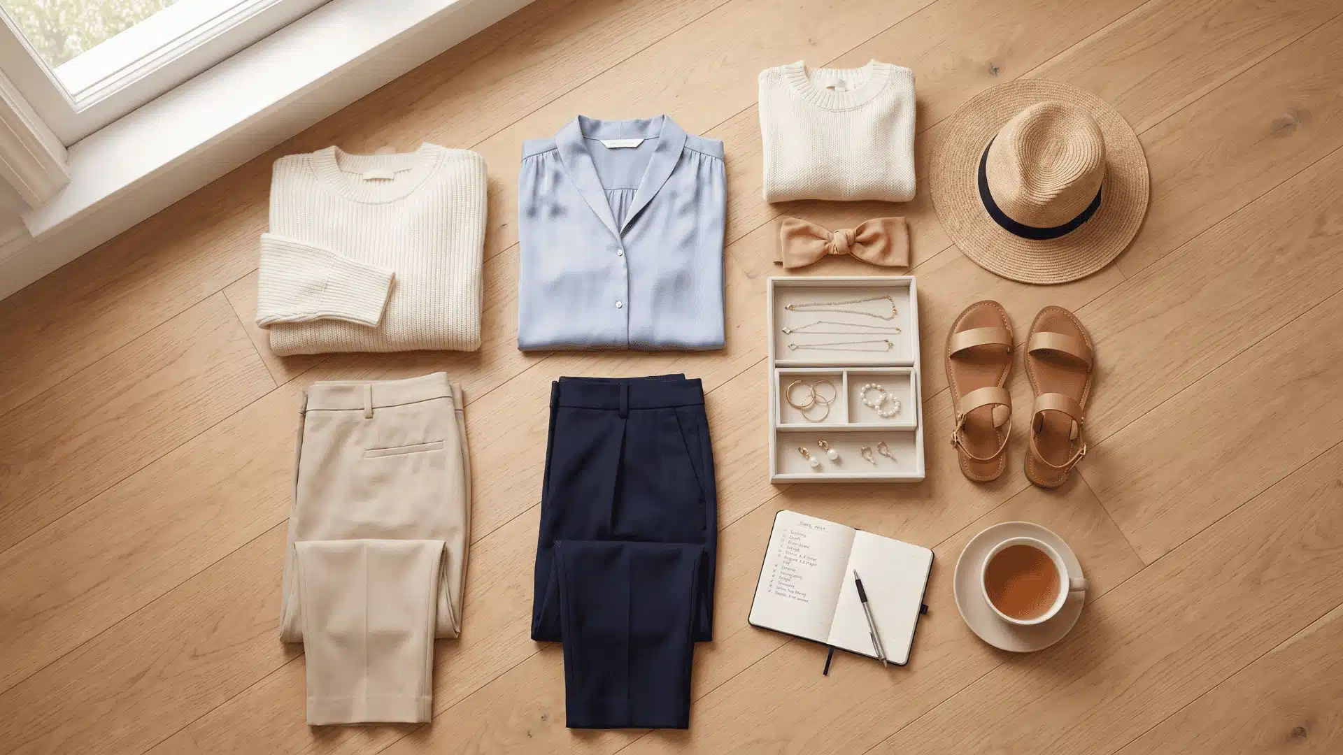 Summer wardrobe pieces arranged with a notebook for capsule planning
