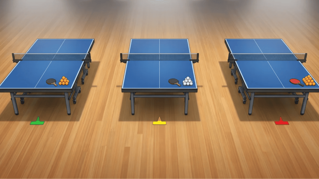 Illustration of three table tennis tables representing best of 3, best of 5, and best of 7 match formats in an indoor arena