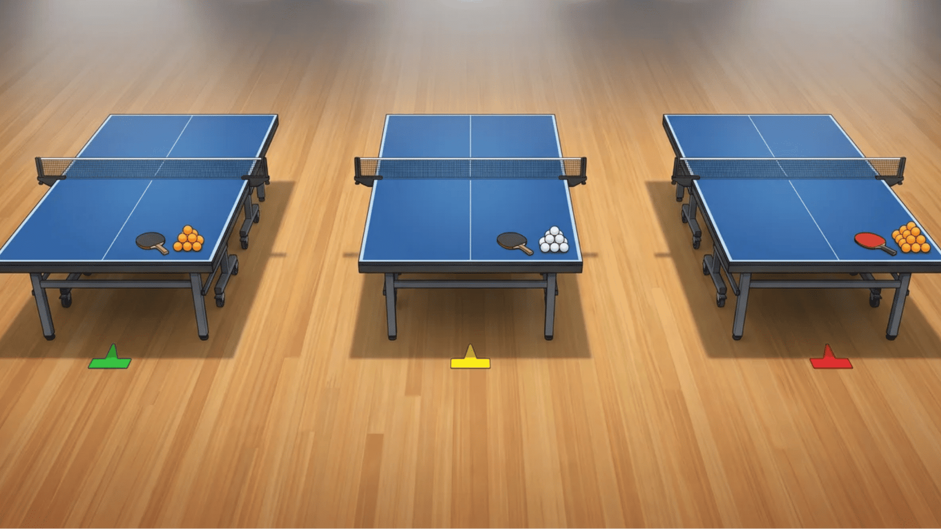 Illustration of three table tennis tables representing best of 3, best of 5, and best of 7 match formats in an indoor arena