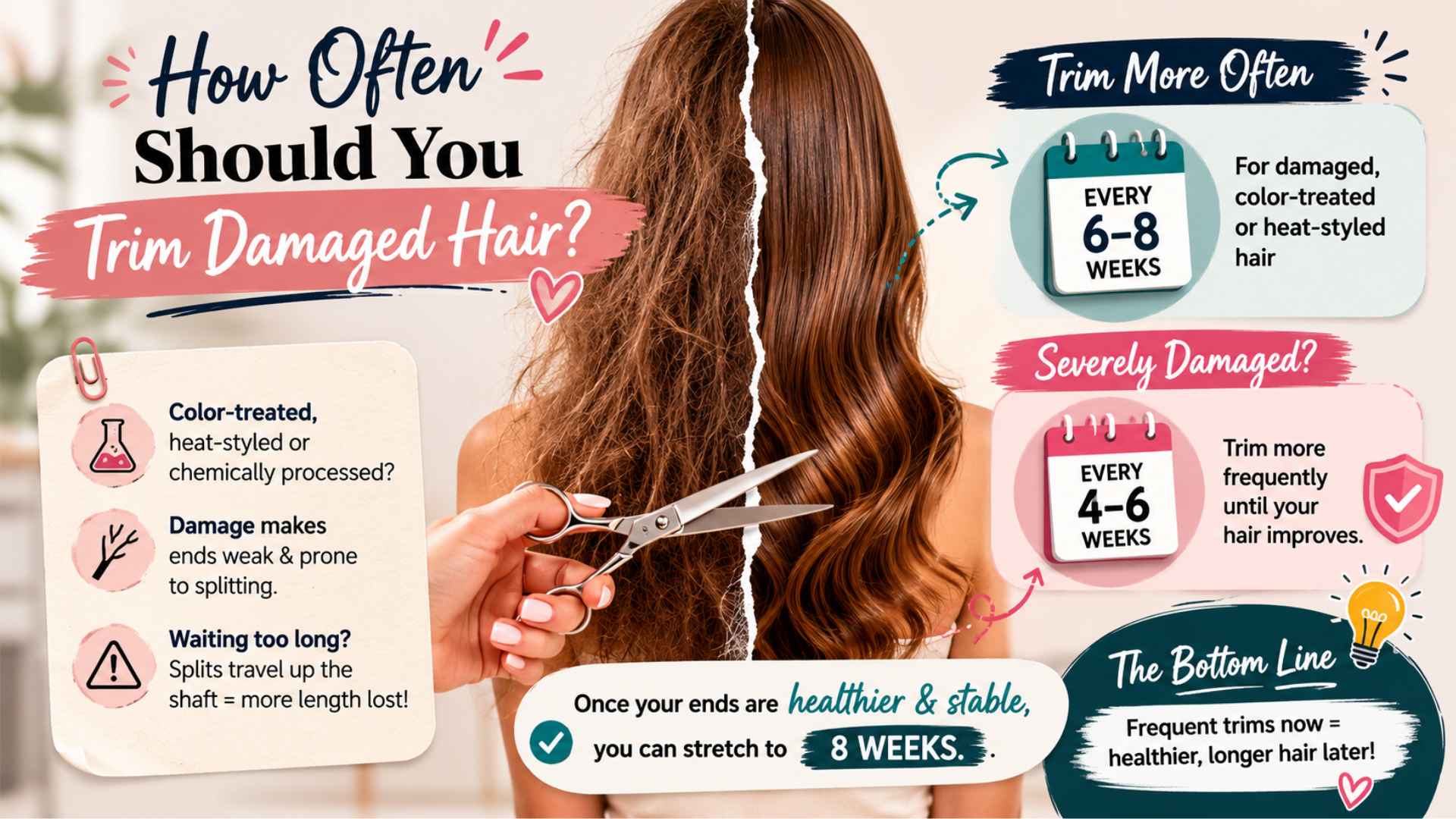 Infographic showing trim schedules for damaged hair with healthy vs split ends and care timelines.