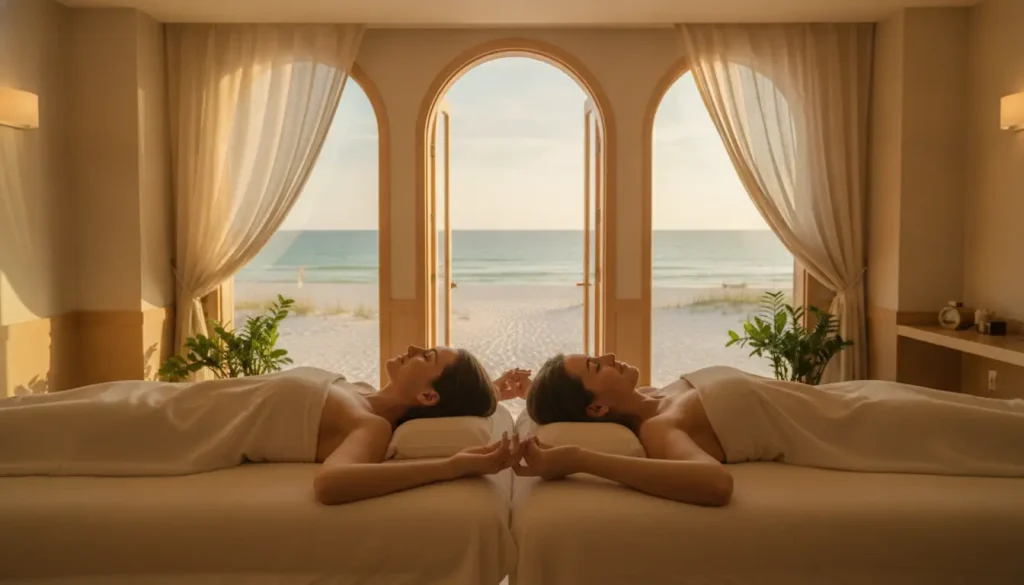 Two women relaxing on massage tables in a serene seaside spa setting