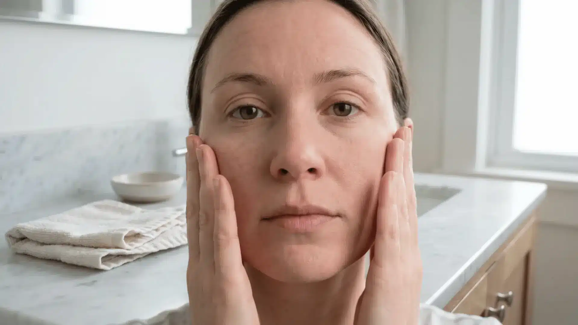 Close-up of a person gently spreading skincare serum across their face in a bathroom setting