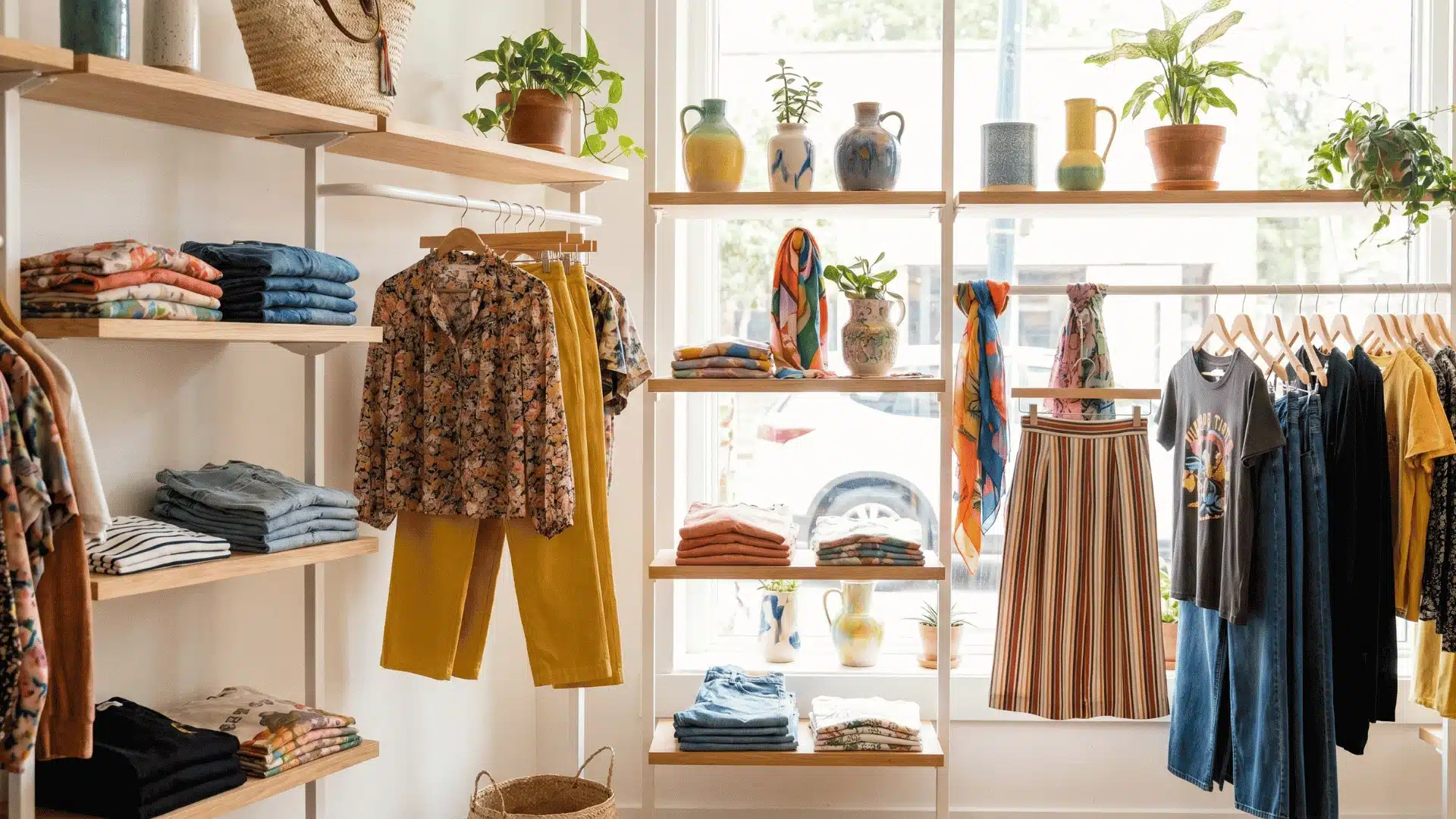 Colorful and patterned summer pieces arranged to show visual variety in a capsule wardrobe