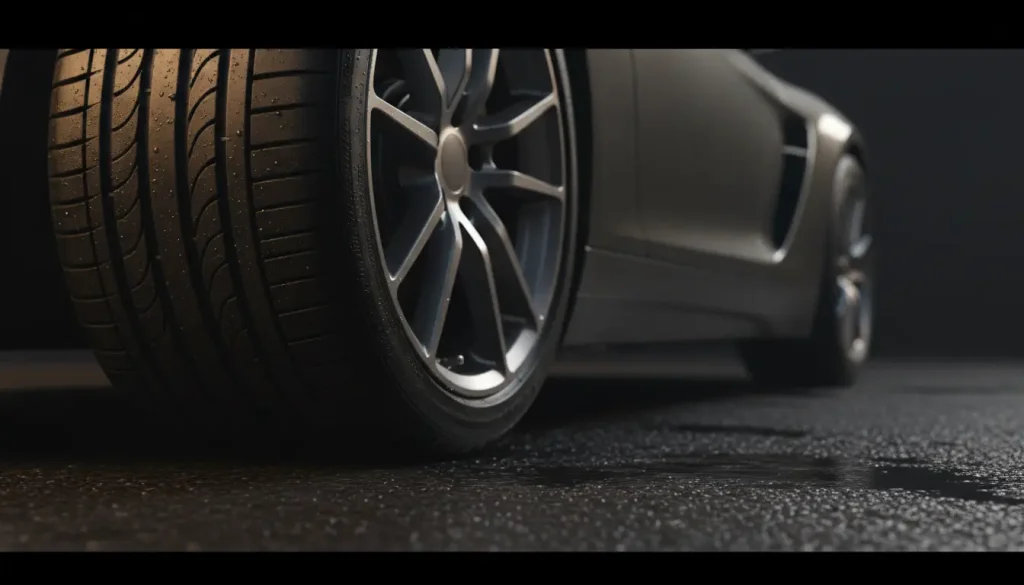 Close-up of a car wheel with rain droplets on asphalt in dim lighting