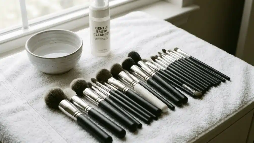 A set of clean makeup brushes resting on a white towel with a bowl of water and gentle cleanser, ready for use.