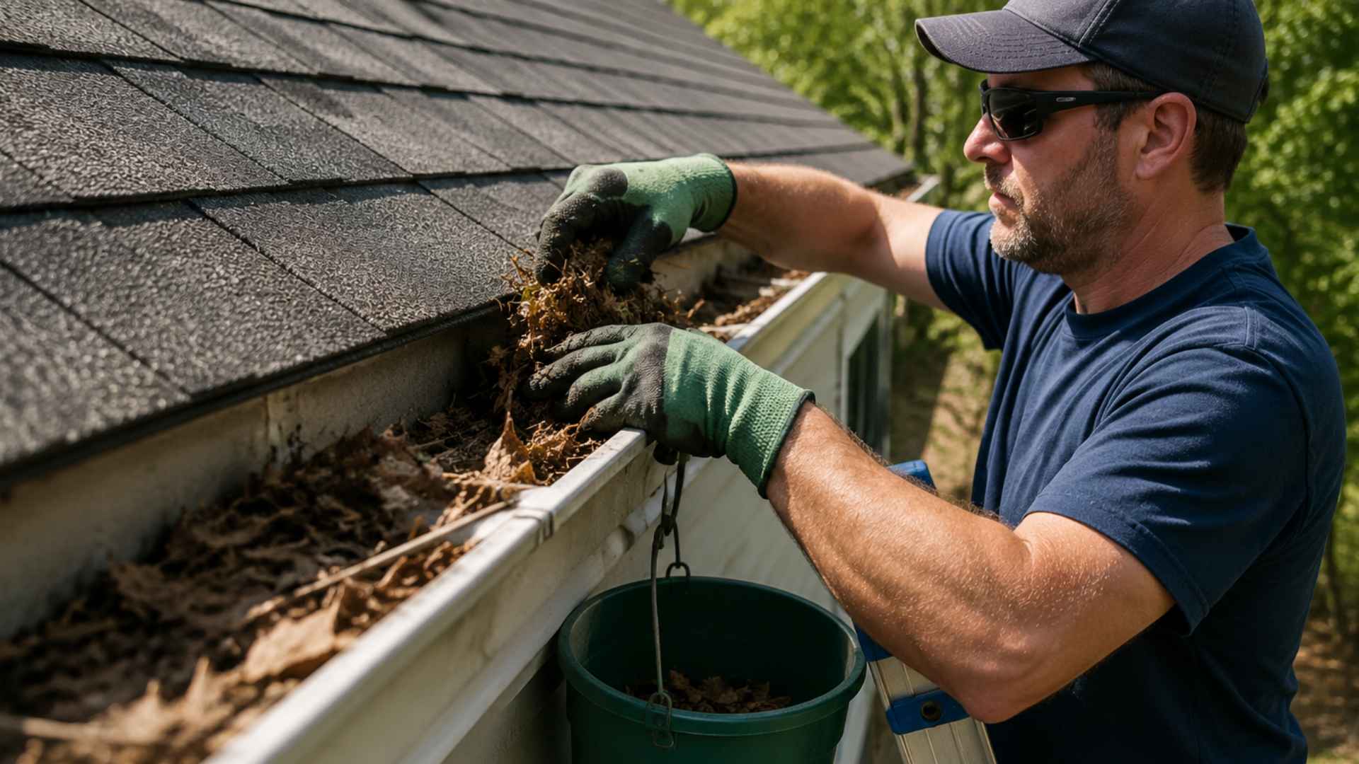 Man on ladder cleaning a house gutter, wearing gloves and sunglasses, removing leaves into a bucket.