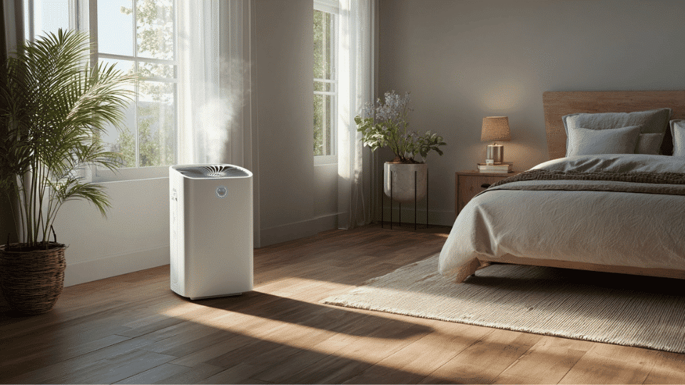 Dehumidifier running in a bright bedroom, removing excess moisture to help reduce indoor humidity.
