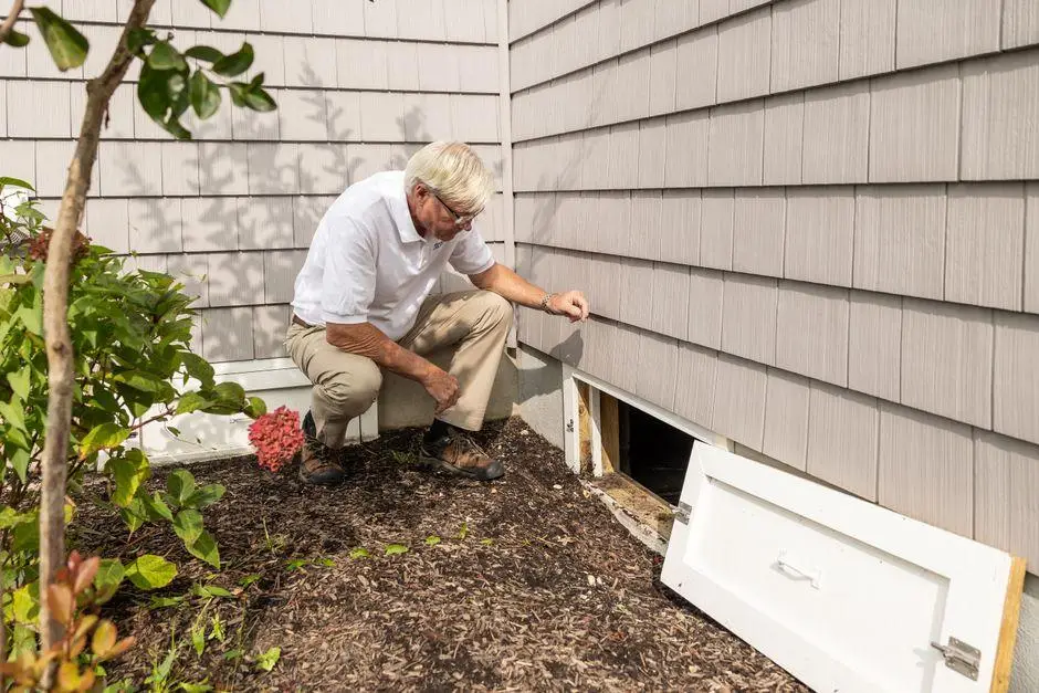 Person inspecting open crawl space door on side of house next to garden shrubbery