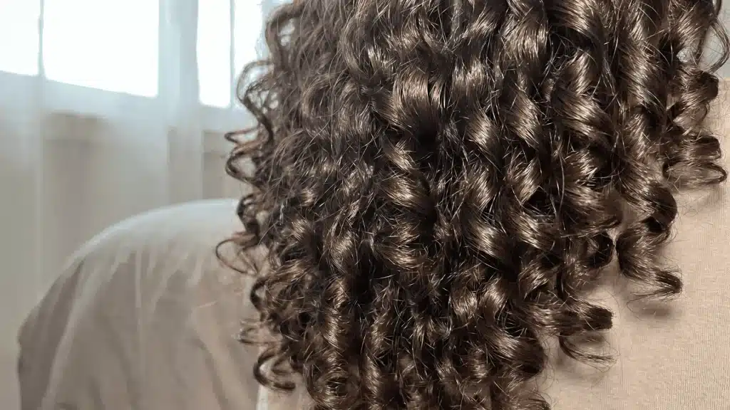 Dark brown, tightly defined spiral curls over a light-colored shirt, illuminated by soft natural light from a nearby window.