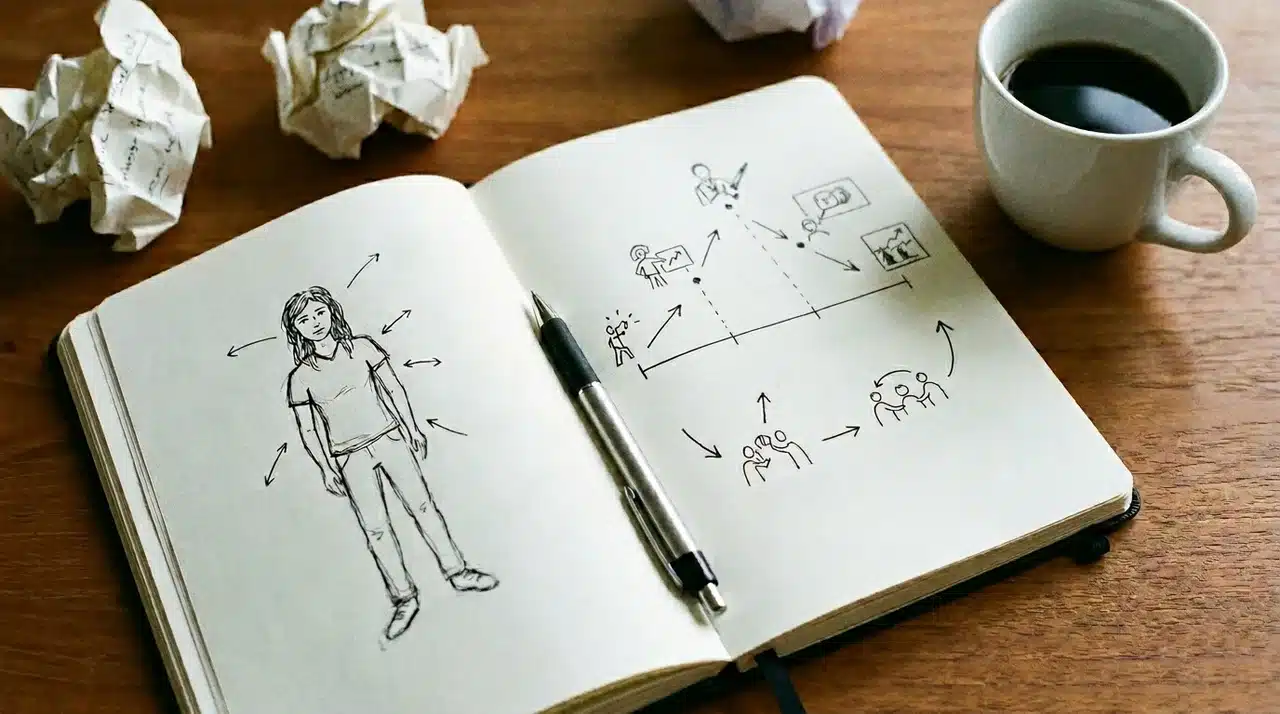 Notebook showing character sketches, story progression, and planning notes for building a believable fictional character