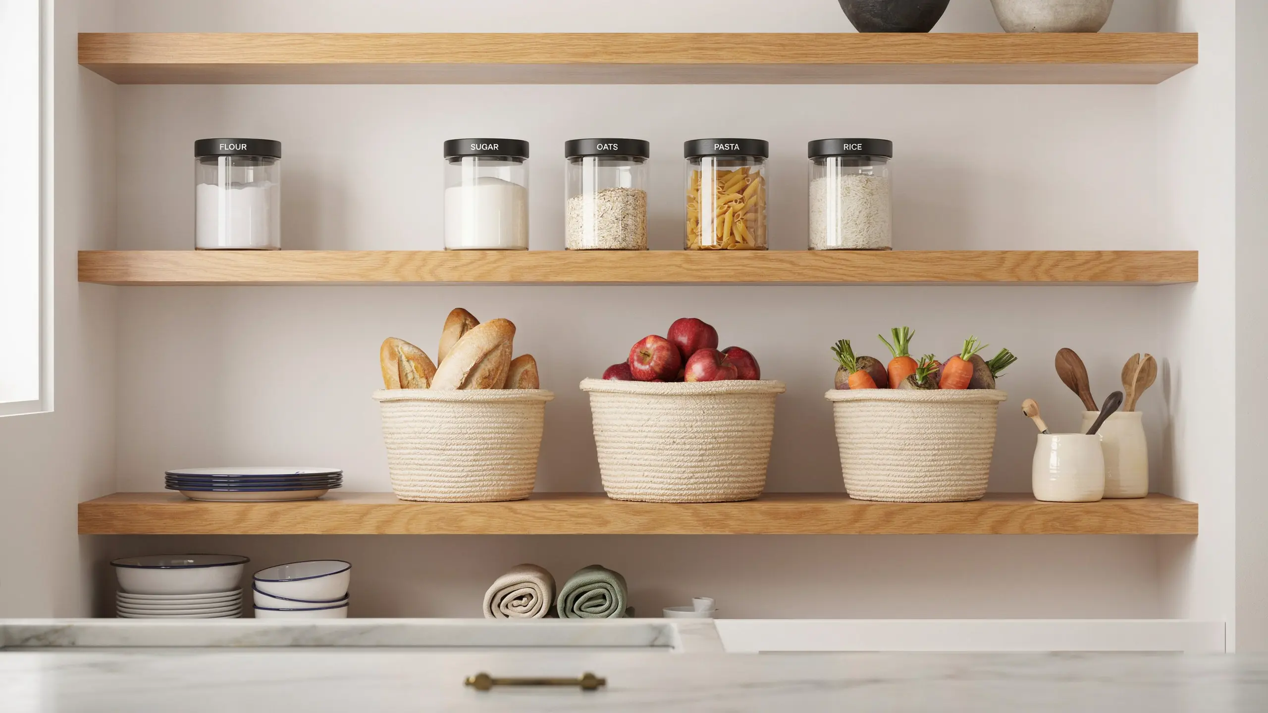 Organized modern pantry with wooden shelves, labeled glass jars, woven baskets holding bread, apples and carrots, and neatly arranged items.