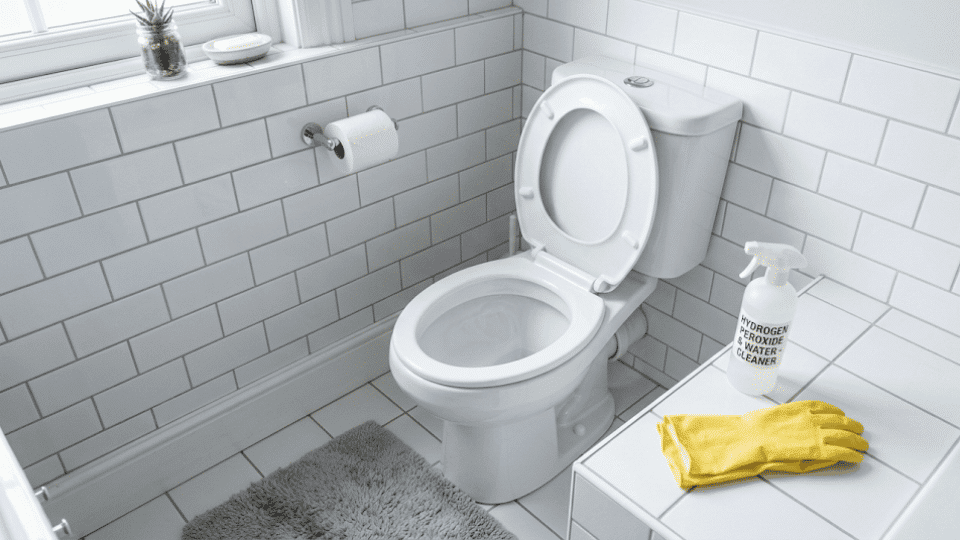 Clean bathroom tiles and grout after removing mineral stains with hydrogen peroxide.