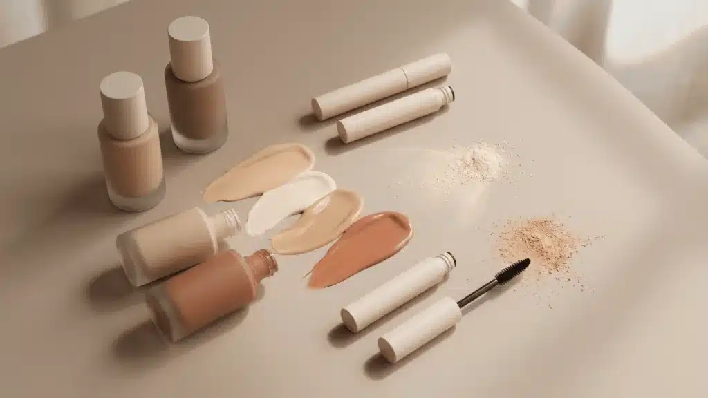 Flat lay of abstract makeup products including foundation, concealer, and mascara on a neutral beige surface with soft lighting.