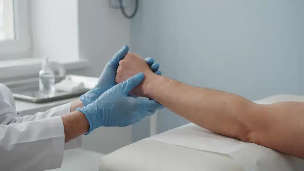Doctor examining a patient’s elbow during a medical consultation, close-up view of hands assessing the joint on an examination table in a clean clinic setting.