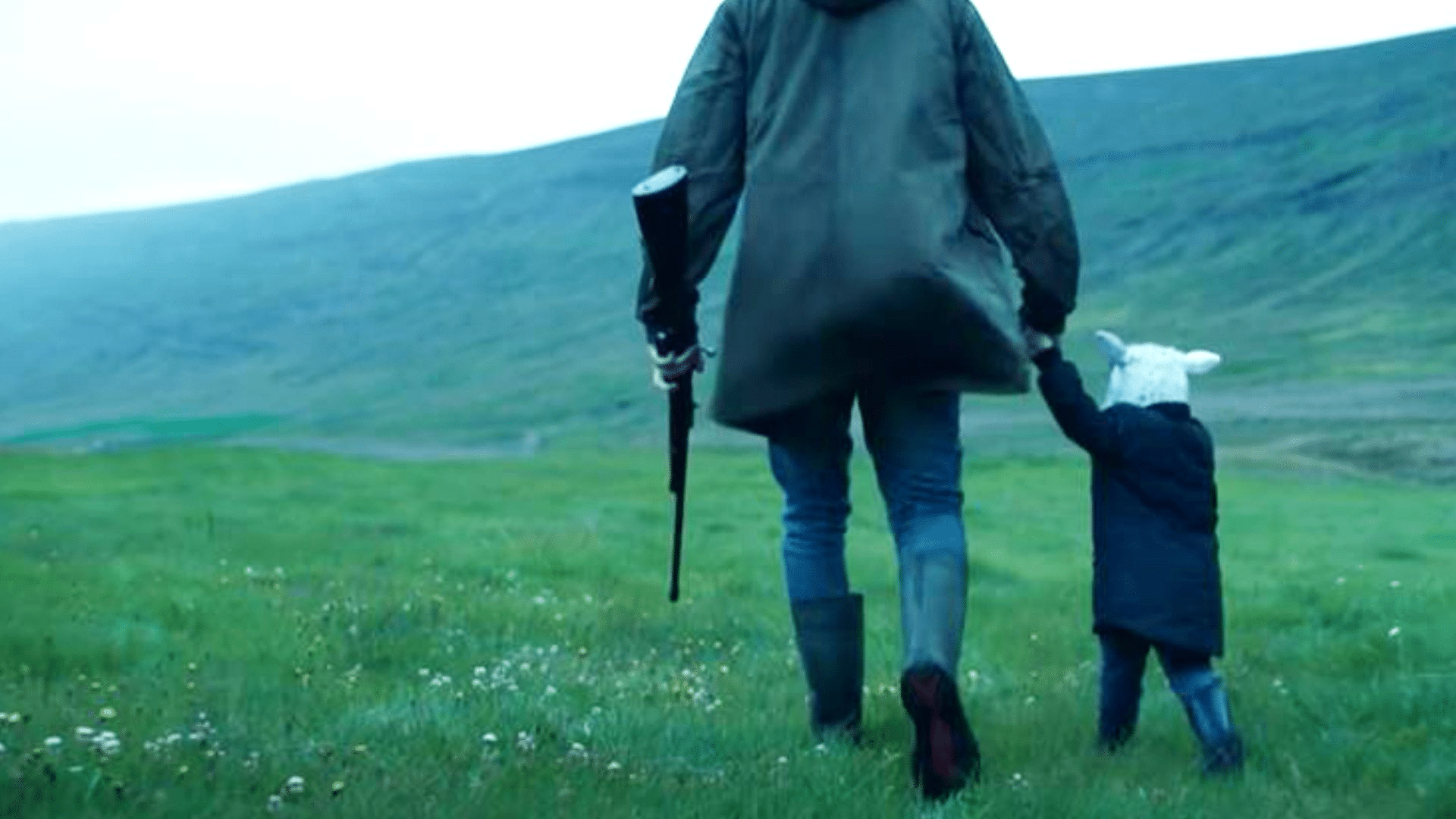 Lambs standing in a grassy field with soft wool coats, grazing peacefully in a natural outdoor farm setting.
