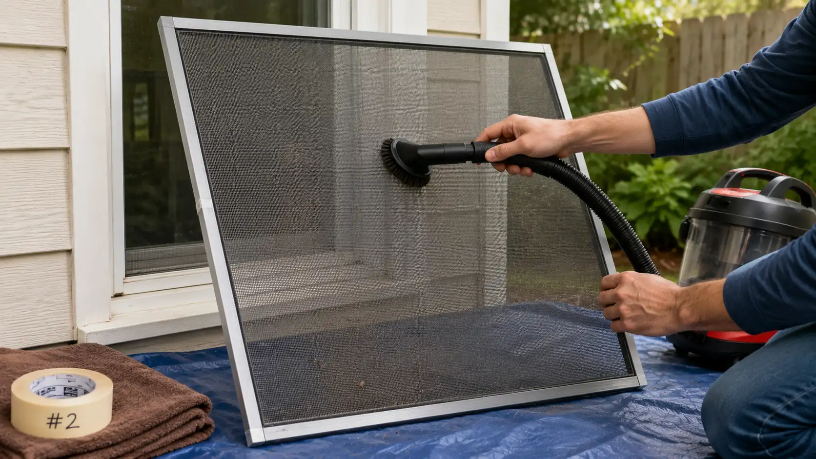 Vacuuming loose dirt and debris from the window screen before washing