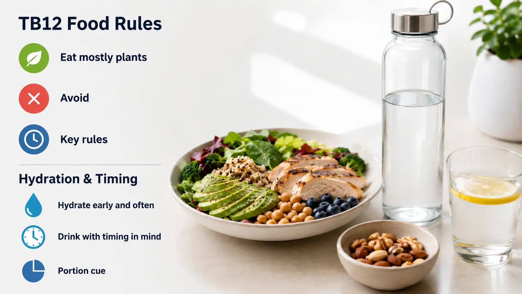 TB12 food rules infographic with plant-based meal, water, nuts, and hydration icons visible.
